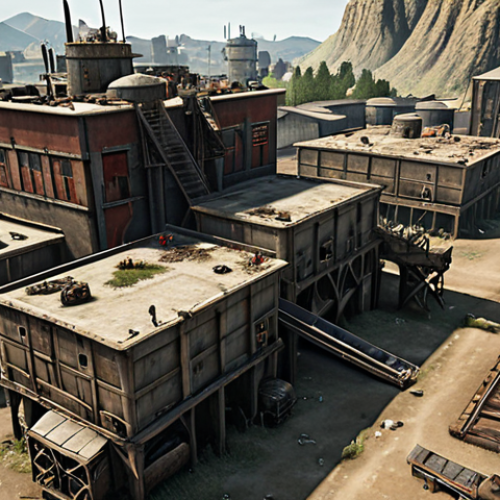 A thriving, fortified city in a post-apocalyptic zombie world. Show walls, resource production facilities (farms, lumber mills, mines), military structures (barracks), and a central command center. Soldiers patrol the walls, and automated turrets are visible. Consider a mix of modern and makeshift construction styles.