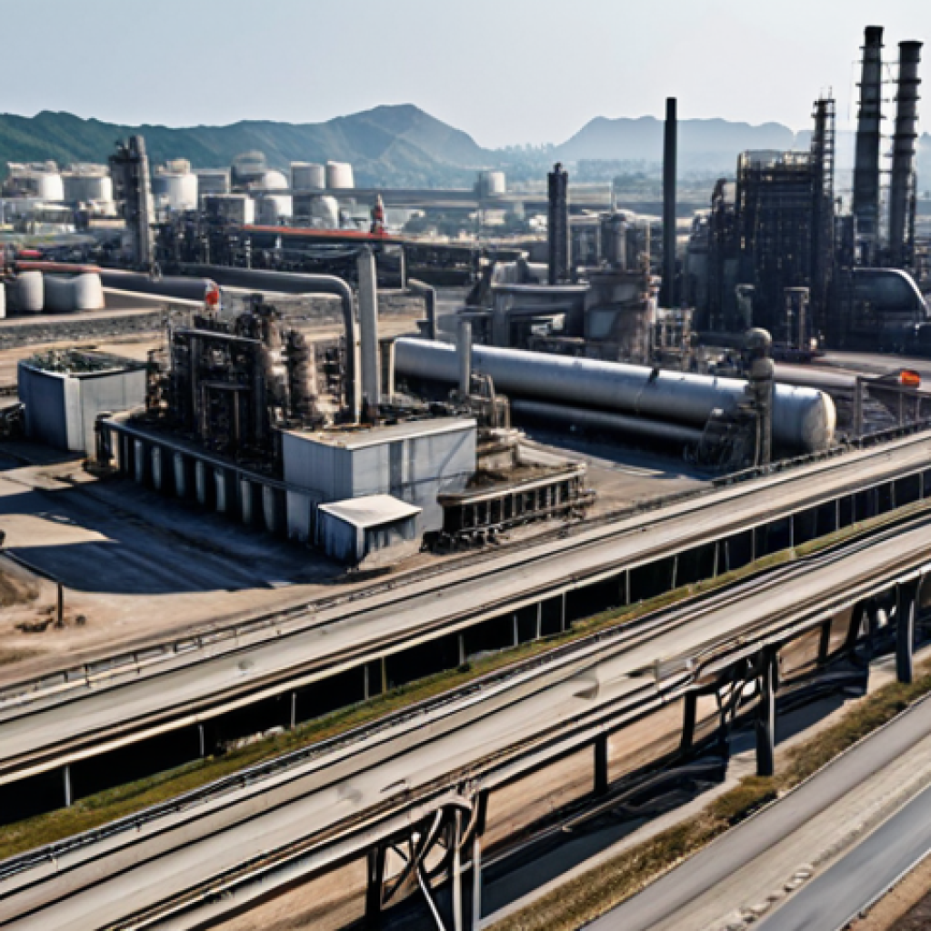 **

A bustling Age of Z cityscape. Focus on a central oil refinery (製油所) landmark pumping resources. Around it, show other resource buildings like a quarry (採石場) working. Emphasize the visual connection: roads leading directly from the resource buildings to the refinery. Show some soldiers (兵士) moving resources, highlighting the efficiency. Style: realistic game render, maybe with a slight anime influence for the character designs.

**