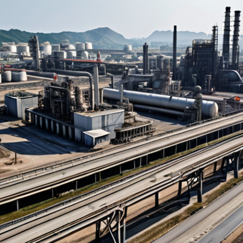 **

A bustling Age of Z cityscape. Focus on a central oil refinery (製油所) landmark pumping resources. Around it, show other resource buildings like a quarry (採石場) working. Emphasize the visual connection: roads leading directly from the resource buildings to the refinery. Show some soldiers (兵士) moving resources, highlighting the efficiency. Style: realistic game render, maybe with a slight anime influence for the character designs.

**